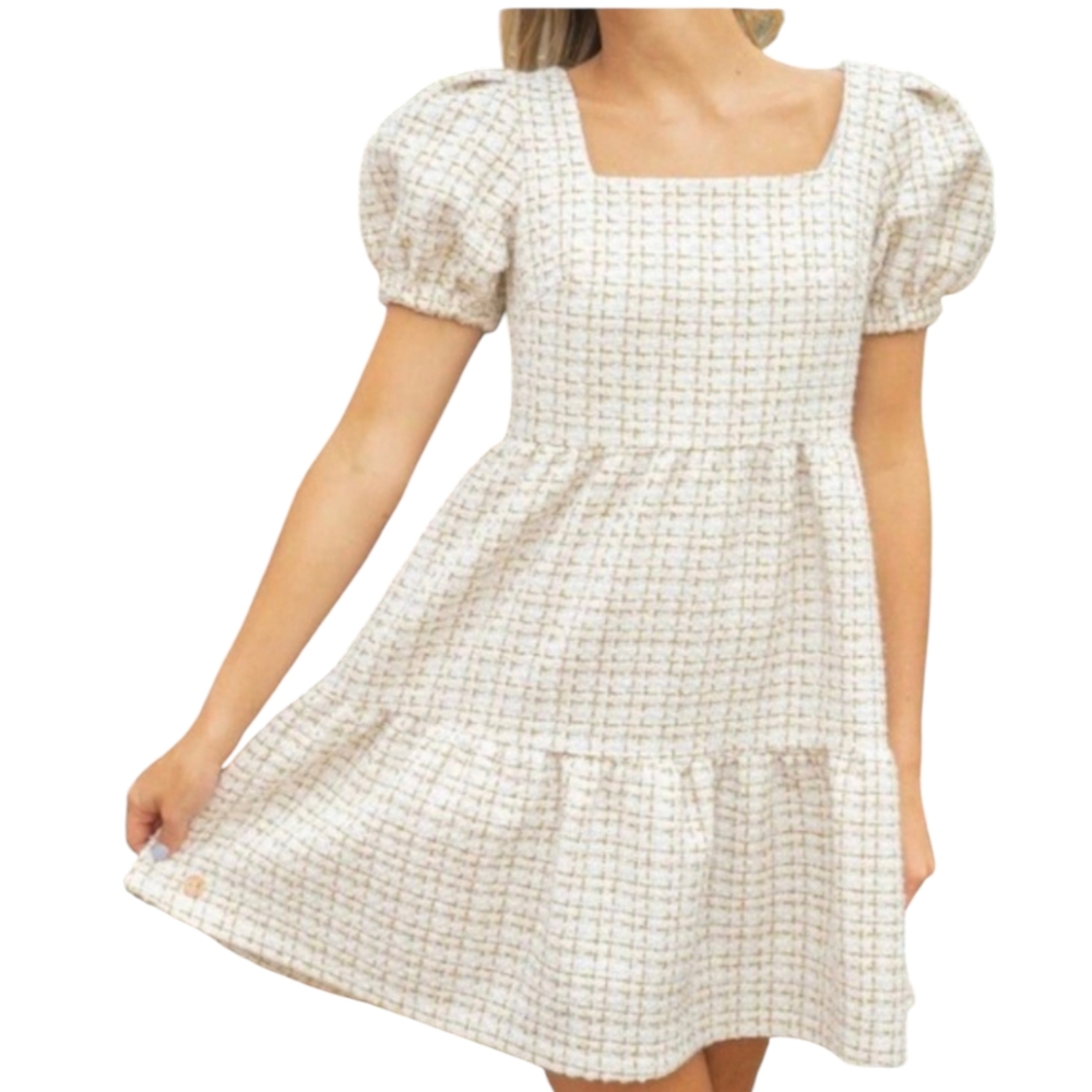 Simply Southern tweed dress  cream and gold checkered pattern Size Medium